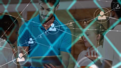 Teacher Using Digital Tablet with Students and Network Visualization