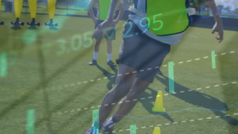 Soccer Players Practicing on Field with Stock Data Overlay