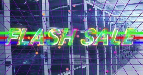 Flash Sale Banner Over Grid Network in Server Room Background