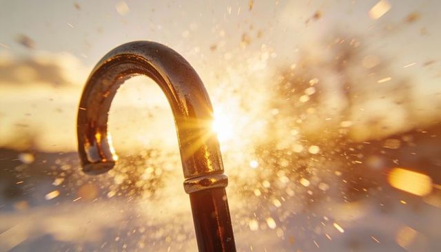 Glinting curved cane hook catching sun flare and water droplets at golden hour bokeh