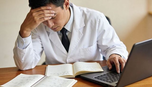 Doctor rubbing forehead while reviewing notes and working on laptop in office
