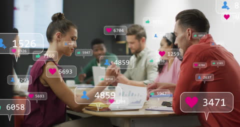 Team Collaborating in Office with Social Media Notifications Overlay