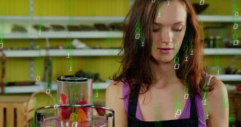Juice attendant blending fresh fruit with futuristic code overlay