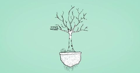 Floating money tree growing on levitating soil island with banknote and coin