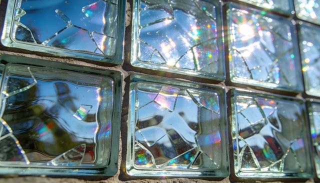Sunlit Cracked Glass Blocks Creating Iridescent Prism Mosaic with Lodged Shards