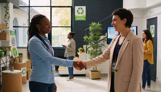 Two women shaking hands at community recycling hub, volunteer collaboration and networking event