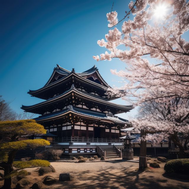 Historic Japanese pagoda surrounded by blooming cherry blossoms under a clear blue sky. Ideal for promoting travel and tourism related to Japan, showcasing traditional architecture, and highlighting cultural heritage. Suitable for use in travel magazines, blogs, and as a scenic background depicting serenity and natural beauty.