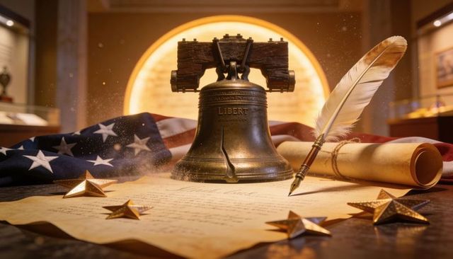 Showcasing liberty bell replica with quill and historic scroll evoking american patriotism