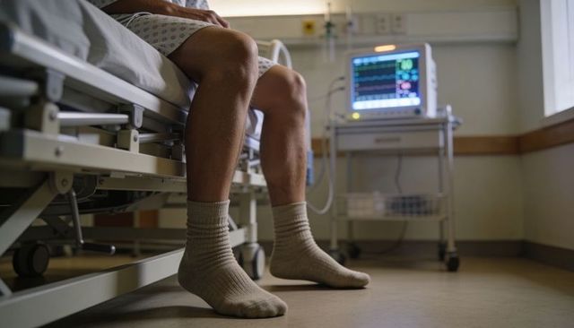Patient sitting on hospital bed dangling legs in socks next to cardiac monitor with ecg