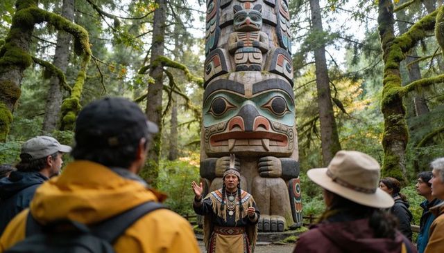 Indigenous guide leading storytelling tour at giant totem pole in mossy northwest forest