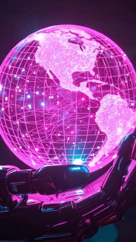 Cybernetic Hand Lifting Holographic Globe with Neon Data Nodes and Pulsing Network Streams