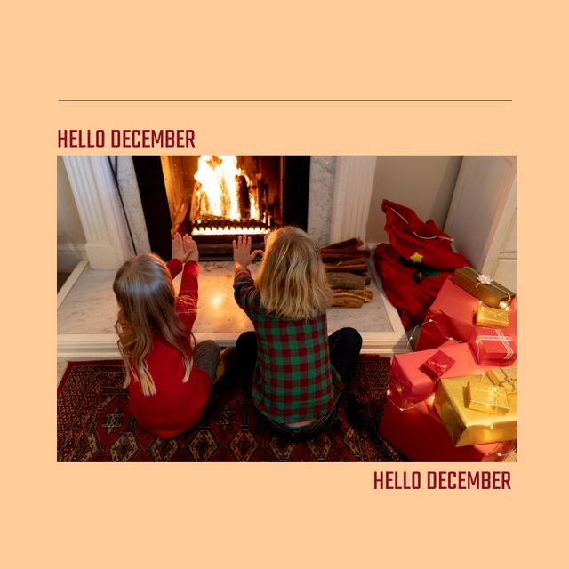 Caucasian Siblings by Fireplace with Christmas Gifts Saying Hello December - Download Free Stock Templates Pikwizard.com