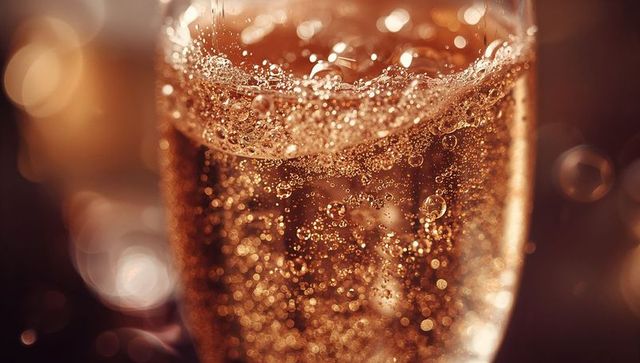 Champagne Flute with Bubbling Drink in Amber Glow Setting