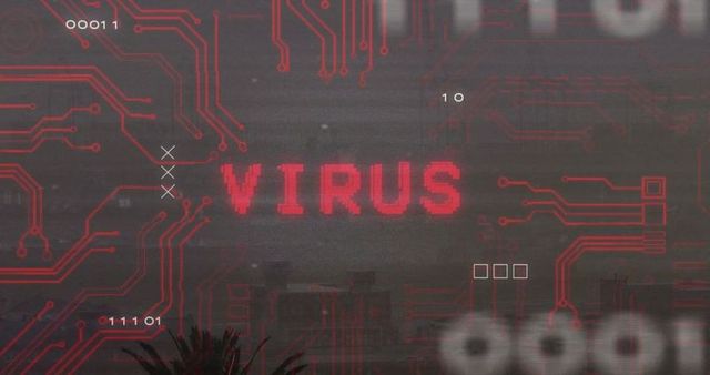 Pixelated virus concept with red circuit patterns in cybersecurity