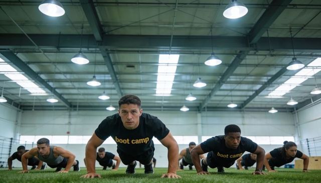 Intensity-focused boot camp push-ups on indoor turf group training in industrial gym