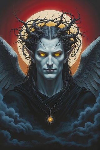 Mythical satan with twisted antlers surrounded by mystical mist and wings