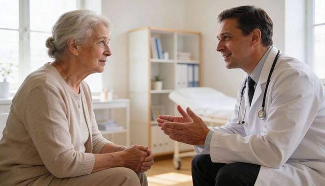 Doctor consulting elderly woman in bright clinic room conveying trust and compassionate care
