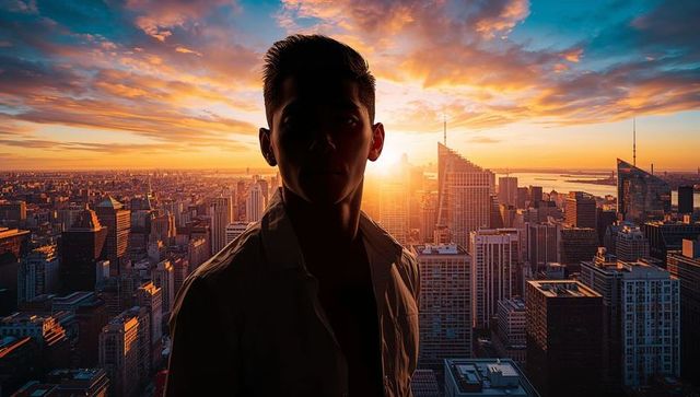 Silhouetted man watching sunset over skyscraper skyline from rooftop terrace over water