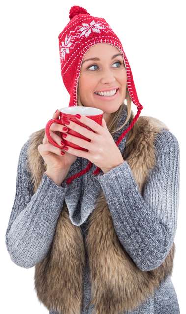 Blonde Woman Holding Red Mug in Winter Clothes on Transparent Background - Download Free Stock Videos Pikwizard.com