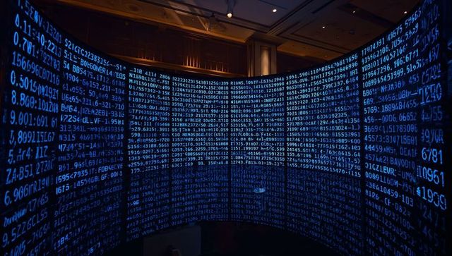 Wraparound curved led screens displaying blue numeric code across conference ballroom