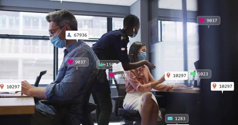 Diverse Team Collaborating in Office with Social Media Integration
