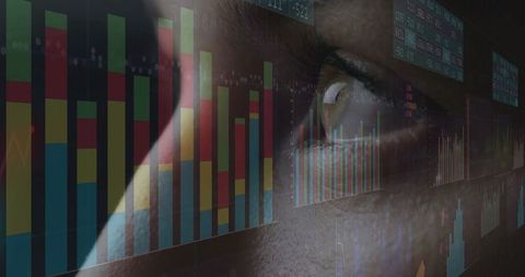 Woman Monitoring Digital Charts with Futuristic Interface