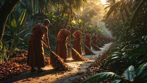 Monks sweeping leaves in sunlit forest path