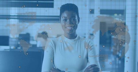 Businesswoman leading global data visualization with holographic world map overlay