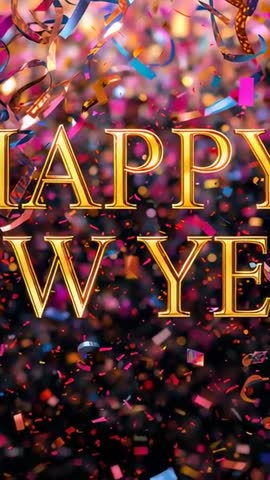 Vertical New Year Video Featuring Gold HAPPY NEW YEAR Typography with Falling Confetti