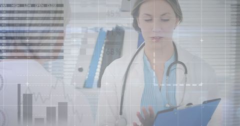 Doctor Analyzing Medical Records with Financial Data Overlay - Download Free Stock Images Pikwizard.com