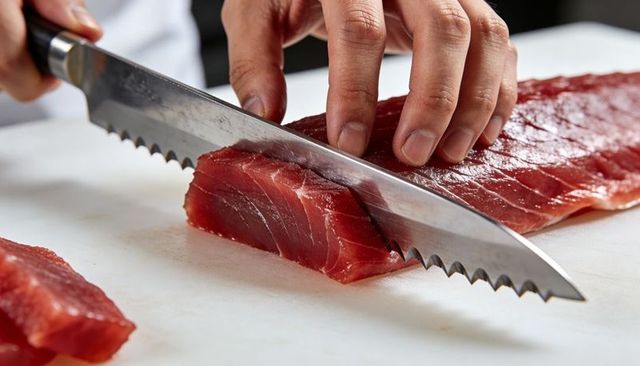 Chef slicing sashimi-grade tuna with serrated knife closeup on cutting board sushi prep