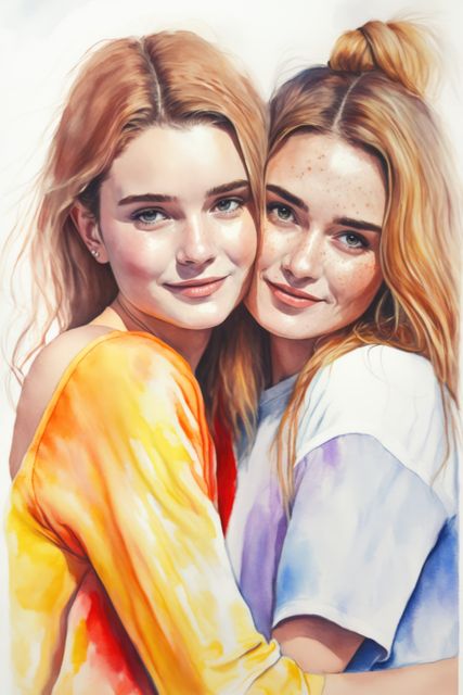 Watercolour portrait of smiling sisters, created using generative ai technology. Painting and portraiture concept digitally generated image.