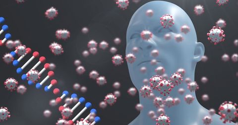 COVID-19 Cells and DNA Strand in Scientific Concept Art