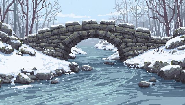 Snow-covered stone arch bridge over gently flowing winter stream pixel art