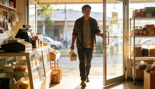 Entering asian man carrying bakery bag through sunlit storefront with pastries