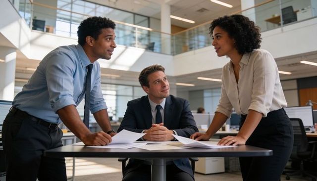Business team collaborating around documents in modern office atrium