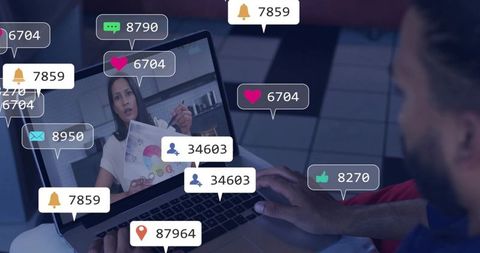 Presenter showing analytics during livestream with floating engagement notifications and audience