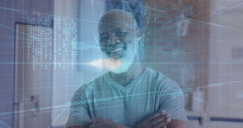 Smiling Senior Man in Home Office with Futuristic Holographic Overlay