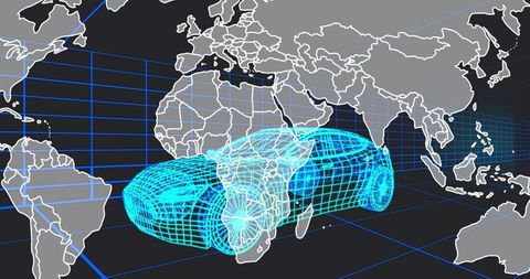 Mapping futuristic neon wireframe cars over global 3d grid for virtual vehicle modeling