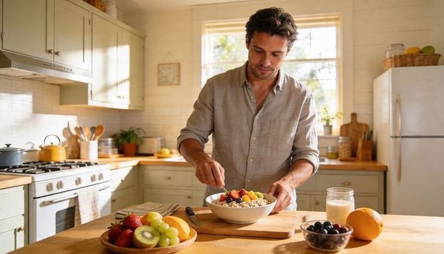Man preparing fruit-topped granola bowl in sunlit rustic kitchen with linen shirt