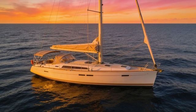 White sloop gliding at golden sunset over calm ocean with furled mainsail and bimini