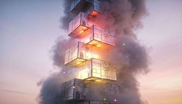 Glowing modular metal tower emitting smoke, embers and pixel lights at sunset