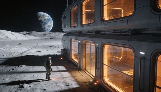 Astronaut standing outside two-story lunar habitat with earth rising over horizon