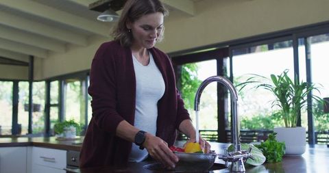 Pregnant Woman Preparing Vegetables at Modern Kitchen Counter
