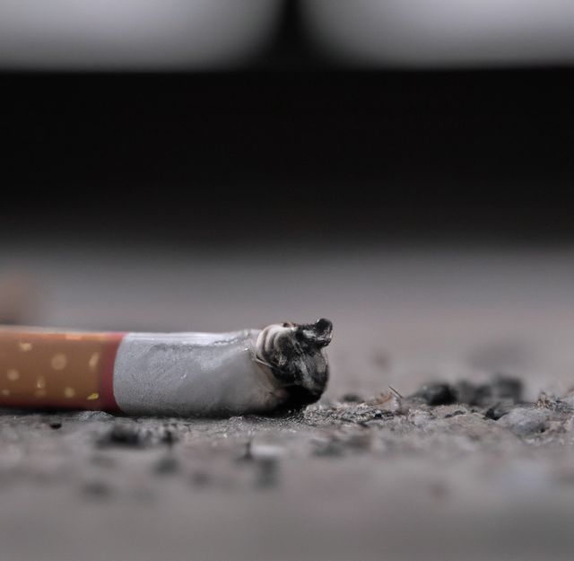 Close up of cigarette on ground with copy space. Tobacco addiction and cigarette smoking concept.