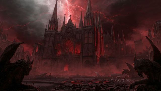 Eerie Gothic Cathedral with Red Glow and Stormy Sky