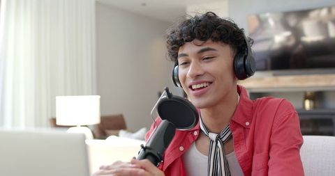 Podcaster sharing insights from comfortable home setup