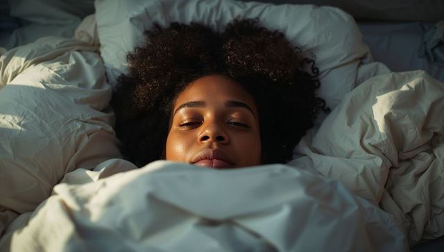 Young woman resting under cream duvet with curly hair, soft morning light, tranquil mood