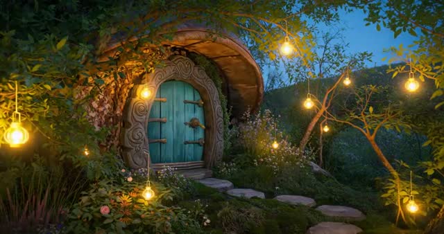 Glowing Lanterns Leading to Enchanted Woodland Cottage at Dusk