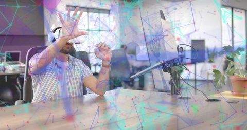 Man wearing vr headset exploring virtual office environment